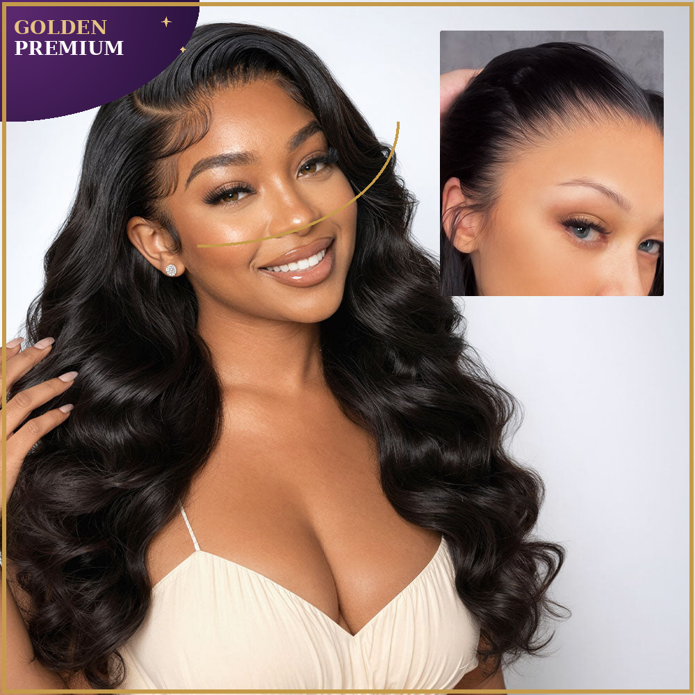 Golden PH Three-Go™ 13x6 Glueless Body Wave Human Hair Wig | Natural Black, No Glue Needed, Adjustable Drawstring, Lace Front