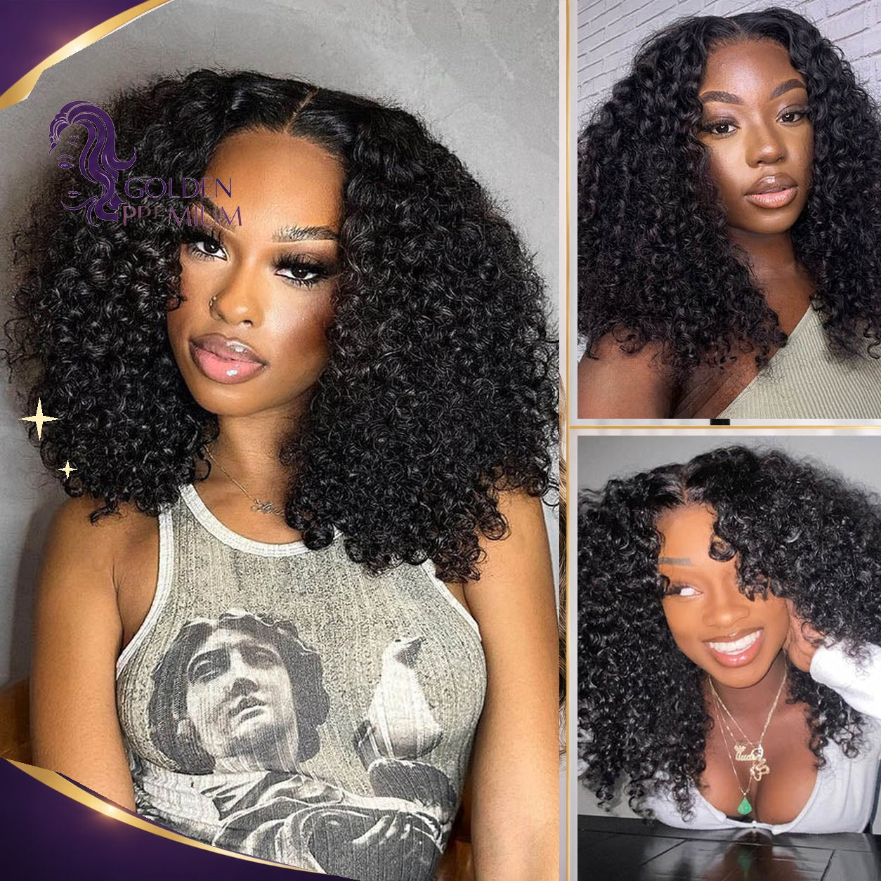 Golden Premium 13x6 Jerry Curly  Wig –  TRANSPARENT Lace Frontal | Invisible Knots | Virgin Human Hair | Natural Black