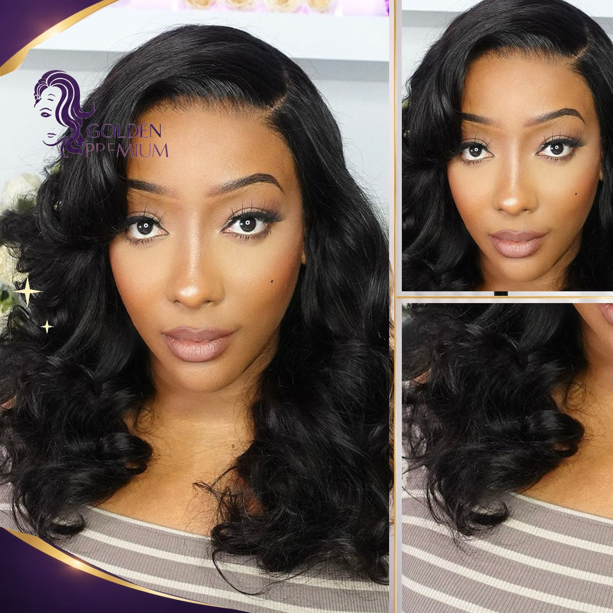 Golden Premium Signature 13x6 Transparent Lace Body Wave Bob Glueless Wig – 160% Density | Invisible Knots | Natural Black