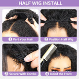 3-en-1 demi-perruque - style kinky straight, facile à porter, ajustement confortable, sans colle