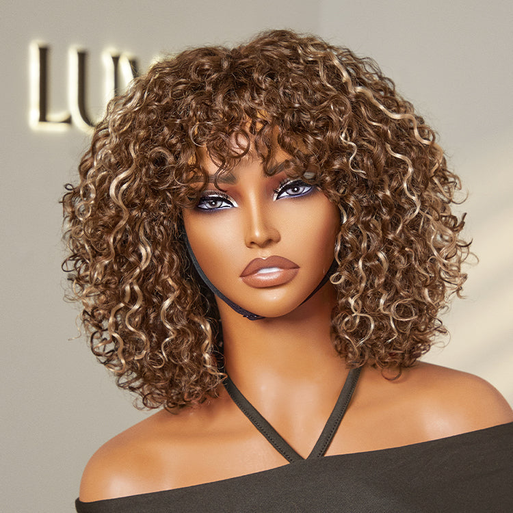 Golden Premium Curly Bang Wig – Water Wave | Minimalist Lace | Beginner Friendly