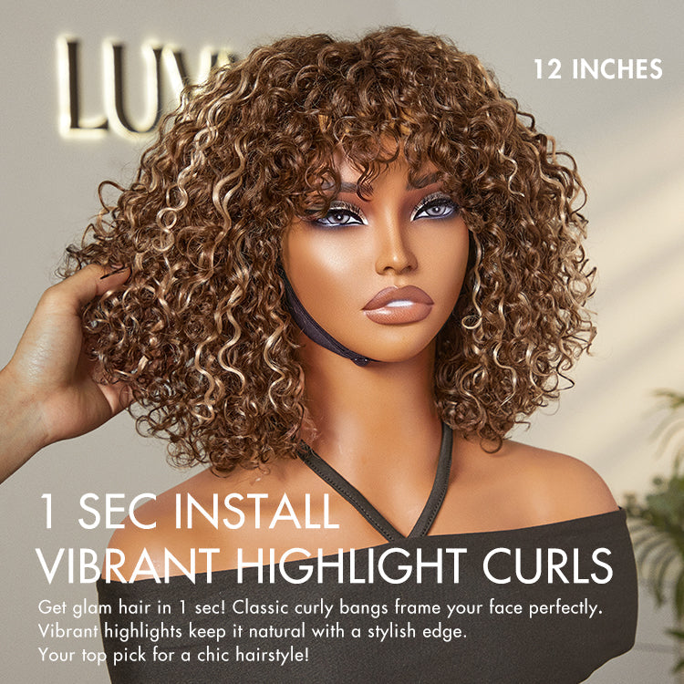 Golden Premium Curly Bang Wig – Water Wave | Minimalist Lace | Beginner Friendly