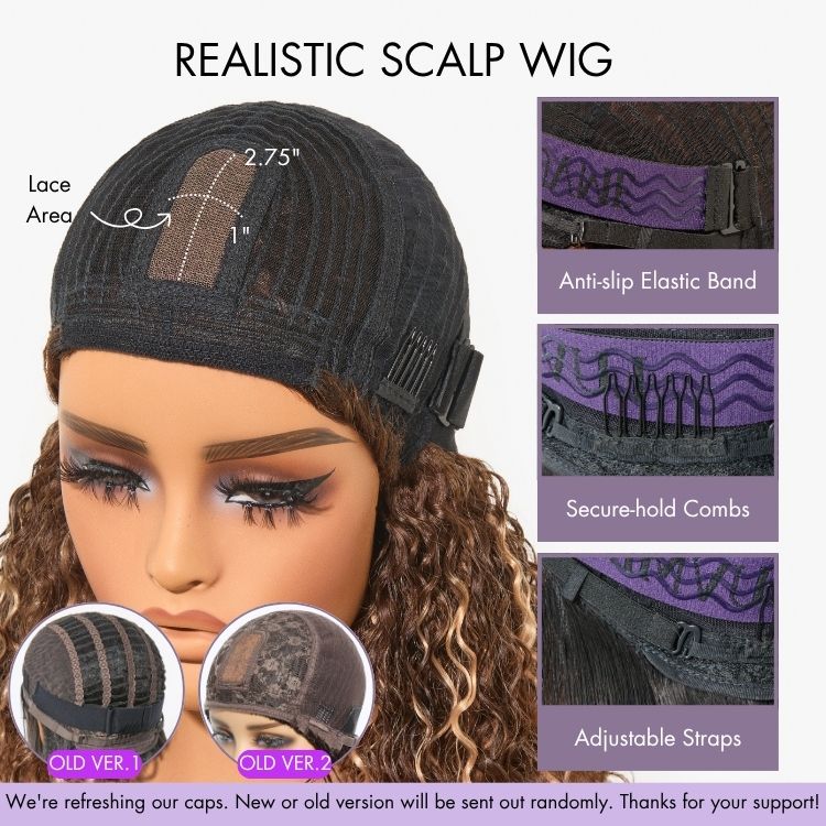 Golden Premium Curly Bang Wig – Water Wave | Minimalist Lace | Beginner Friendly