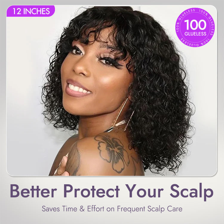 Golden Premium Curly Bang Wig – Water Wave | Minimalist Lace | Beginner Friendly