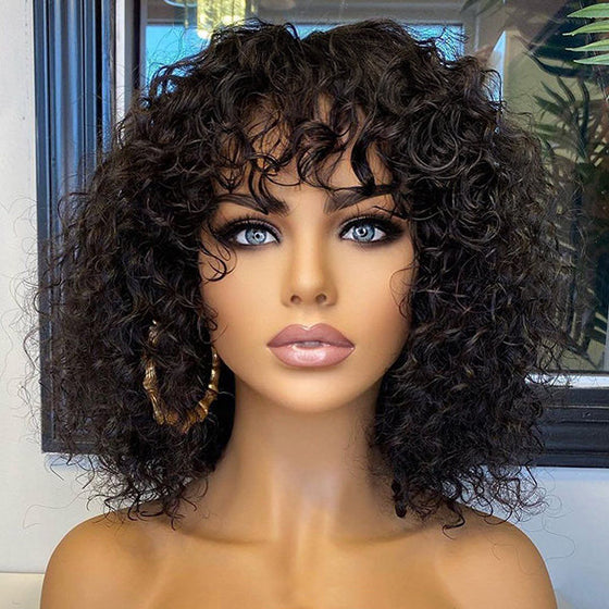 Golden Premium Curly Bang Wig – Water Wave | Minimalist Lace | Beginner Friendly
