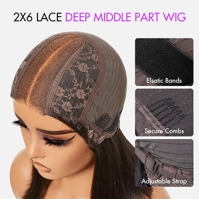 Perruque Bob Lisse Coupe Franche 2x6 Pouces avec Raie Profonde Cheveux Naturels du Vietnam Densité 220%