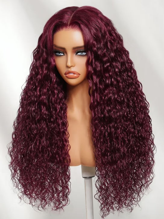 Golden Premium 13×6 Transparent Lace 99J Burgundy Water Wave Wig – 250% Density | 100% Virgin Human Hair