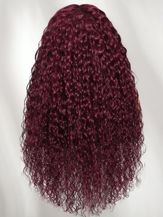 Golden Premium 13×6 Transparent Lace 99J Burgundy Water Wave Wig – 250% Density | 100% Virgin Human Hair