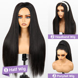Demi-perruque 3 en 1 – Look naturel, base invisible, style droit pour une polyvalence facile à porter et à emporter