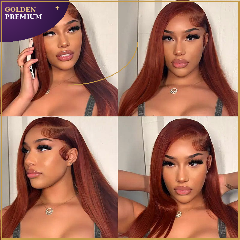 Goldenpremium Hair 13x6 Three-Go™ Glueless Silky body wave  Wig – Reddish Brown 100% Human Hair Lace Front Wig with Drawstring, Pre-Plucked HD Lace, Effortless Install