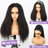 3-en-1 demi-perruque - style kinky straight, facile à porter, ajustement confortable, sans colle