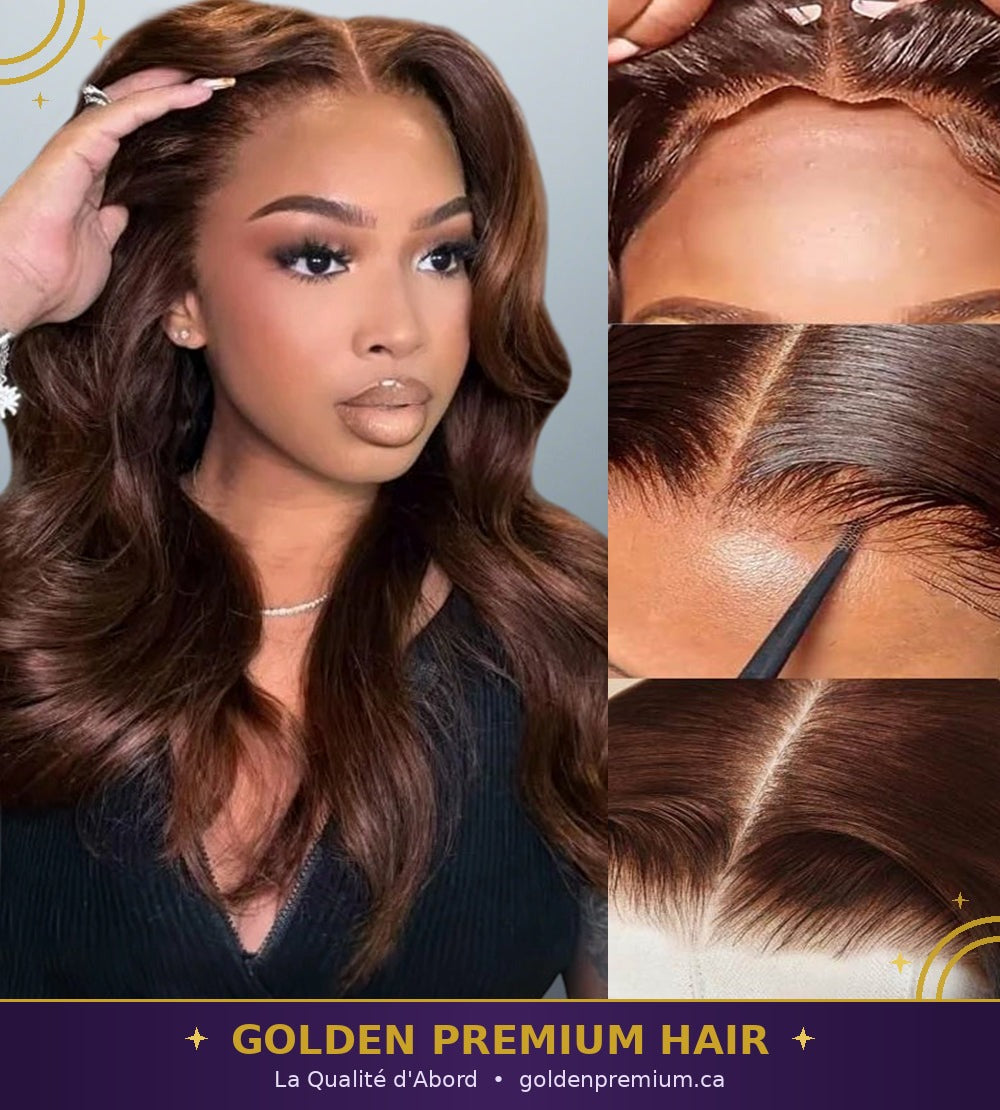 Perruque droite sans colle Golden Premium LuxeFlow 13x6 marron chocolat – Ajustement à cordon de serrage | 100 % cheveux naturels