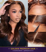 Perruque droite sans colle Golden Premium LuxeFlow 13x6 marron chocolat – Ajustement à cordon de serrage | 100 % cheveux naturels