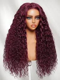 Golden Premium 13×6 Transparent Lace 99J Burgundy Water Wave Wig – 250% Density | 100% Virgin Human Hair