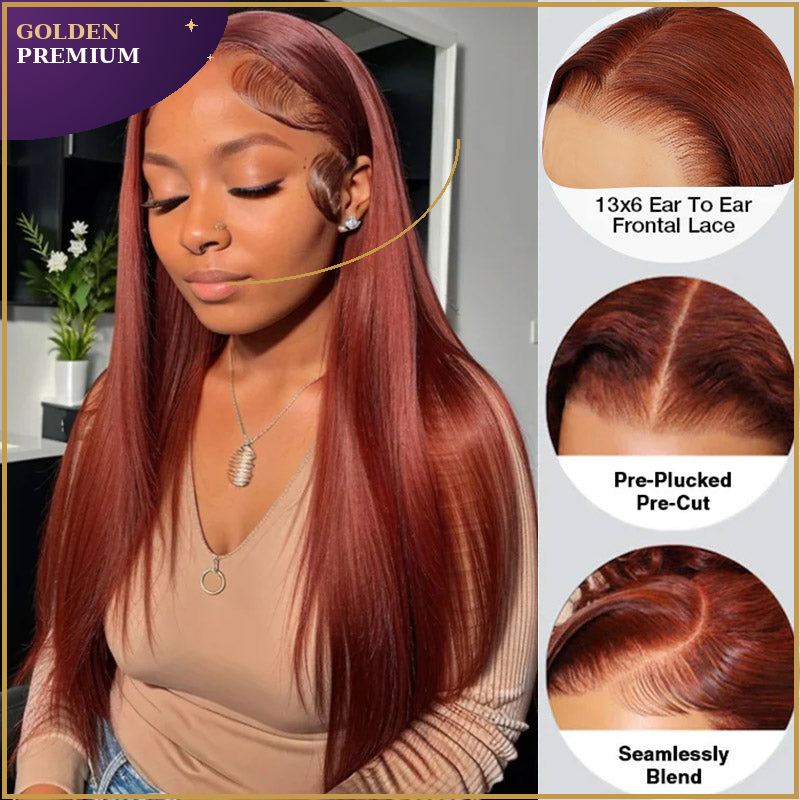 Goldenpremium Hair 13x6 Three-Go™ Glueless Silky body wave  Wig – Reddish Brown 100% Human Hair Lace Front Wig with Drawstring, Pre-Plucked HD Lace, Effortless Install