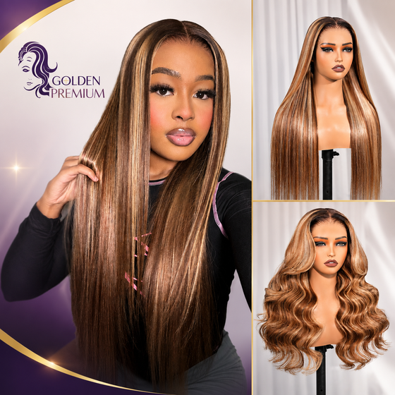 Perruque Golden Premium LuxeFlow™ 13x6 HD Lace Blond Miel Balayage Sans Colle | Lisse Soyeux | Cordon de Serrage Réglable | Cheveux Humains 100% Vierges
