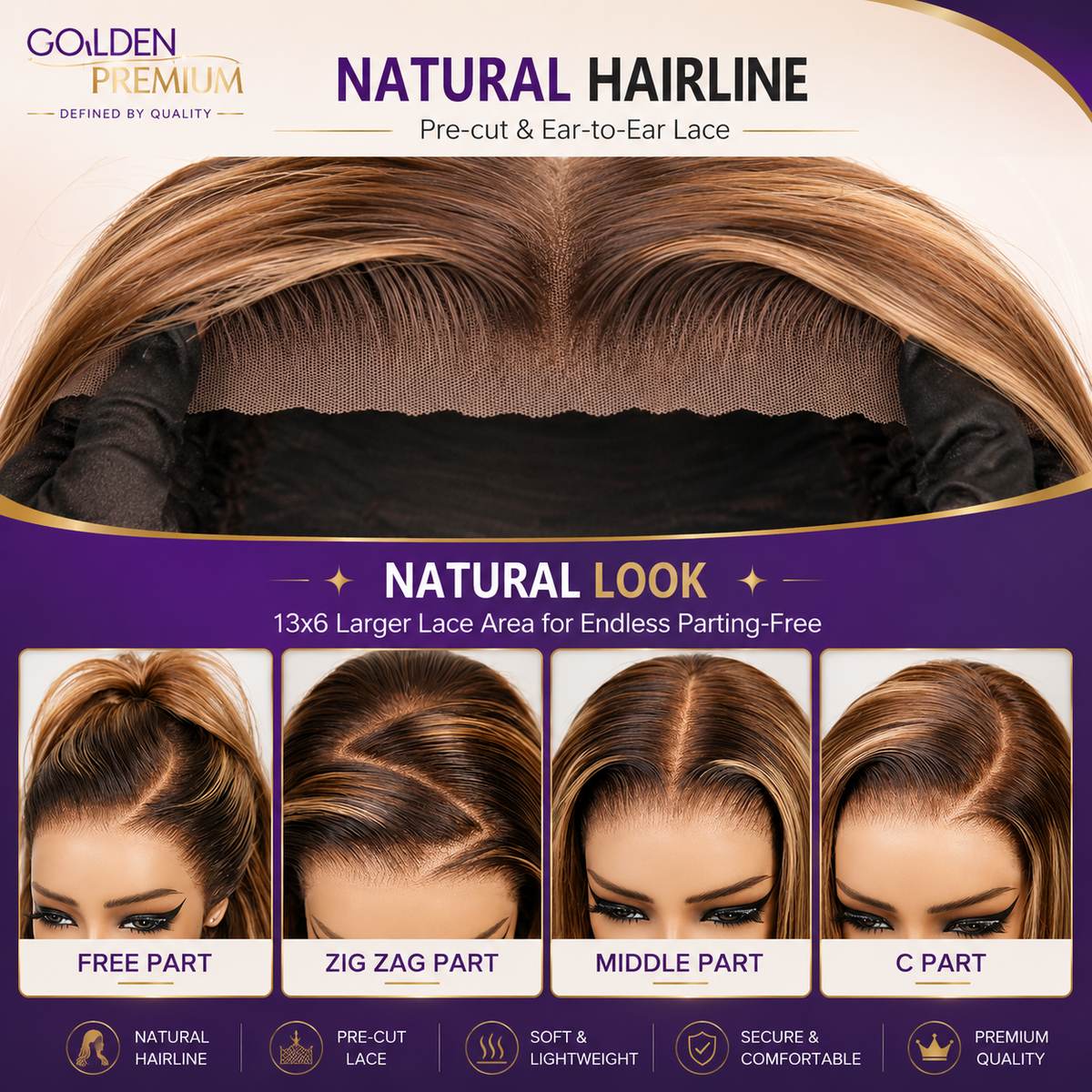 Golden Premium LuxeFlow™ 13x6 HD Lace Honey Blonde Highlight Glueless Wig | Silky Straight | Adjustable Drawstring | 100% Virgin Human Hair
