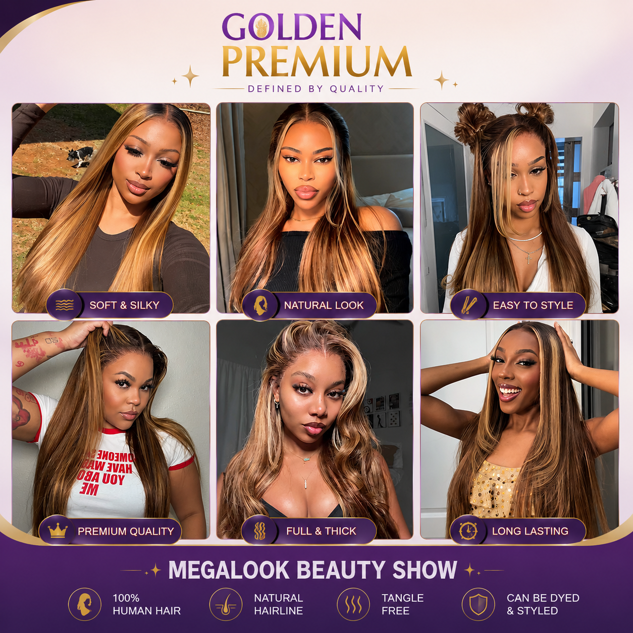 Golden Premium LuxeFlow™ 13x6 HD Lace Honey Blonde Highlight Glueless Wig | Silky Straight | Adjustable Drawstring | 100% Virgin Human Hair