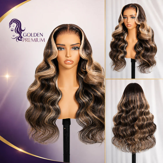 Perruque sans colle Golden Premium LumièreFlow™ 13×6 HD Lace | Balayage Blond Platine Ombré | Ondulée | Cordon de serrage | Cheveux 100% Vierges Indiens