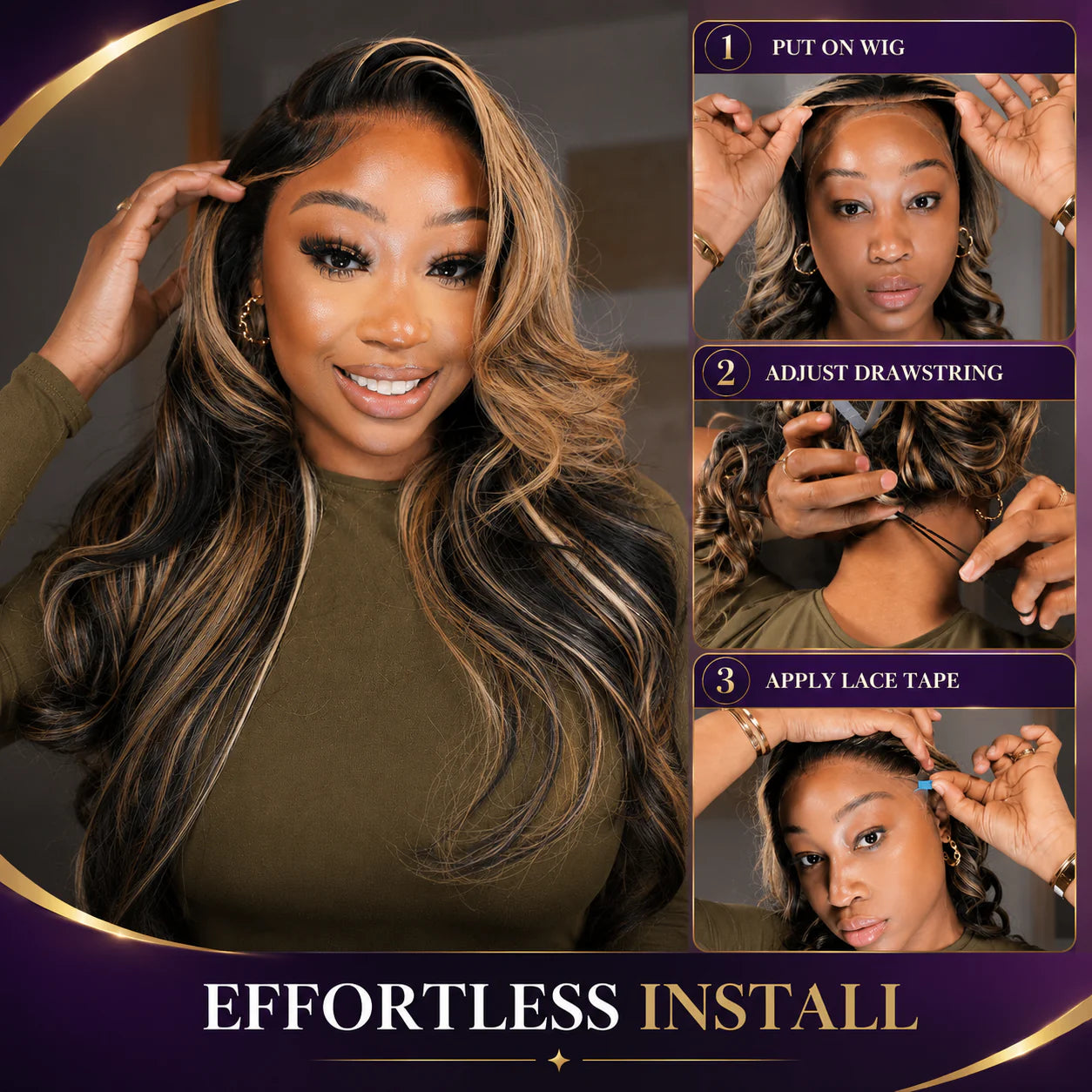 Golden Premium LumièreFlow™ 13×6 HD Lace Glueless Wig | Ombre Platinum Blonde Balayage | Body Wave | Drawstring | 100% Indian Virgin Hum