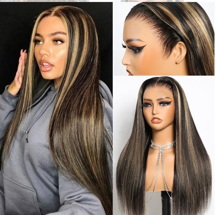 Perruques sans colle 13x6 Three-Go™ Balayage Highlight Lisses soyeuses/ondulées avec cordon de serrage, 100 % cheveux humains