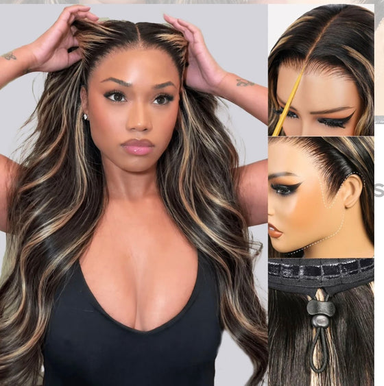 13x6 Three-Go™ Balayage Highlight Glueless Wigs Silky straight/body wave  With Drawstring 100% Human Hair Wig