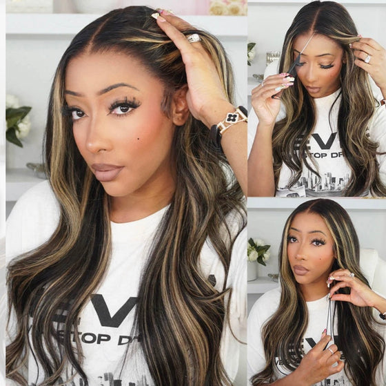 13x6 Three-Go™ Balayage Highlight Glueless Wigs Silky straight/body wave  With Drawstring 100% Human Hair Wig