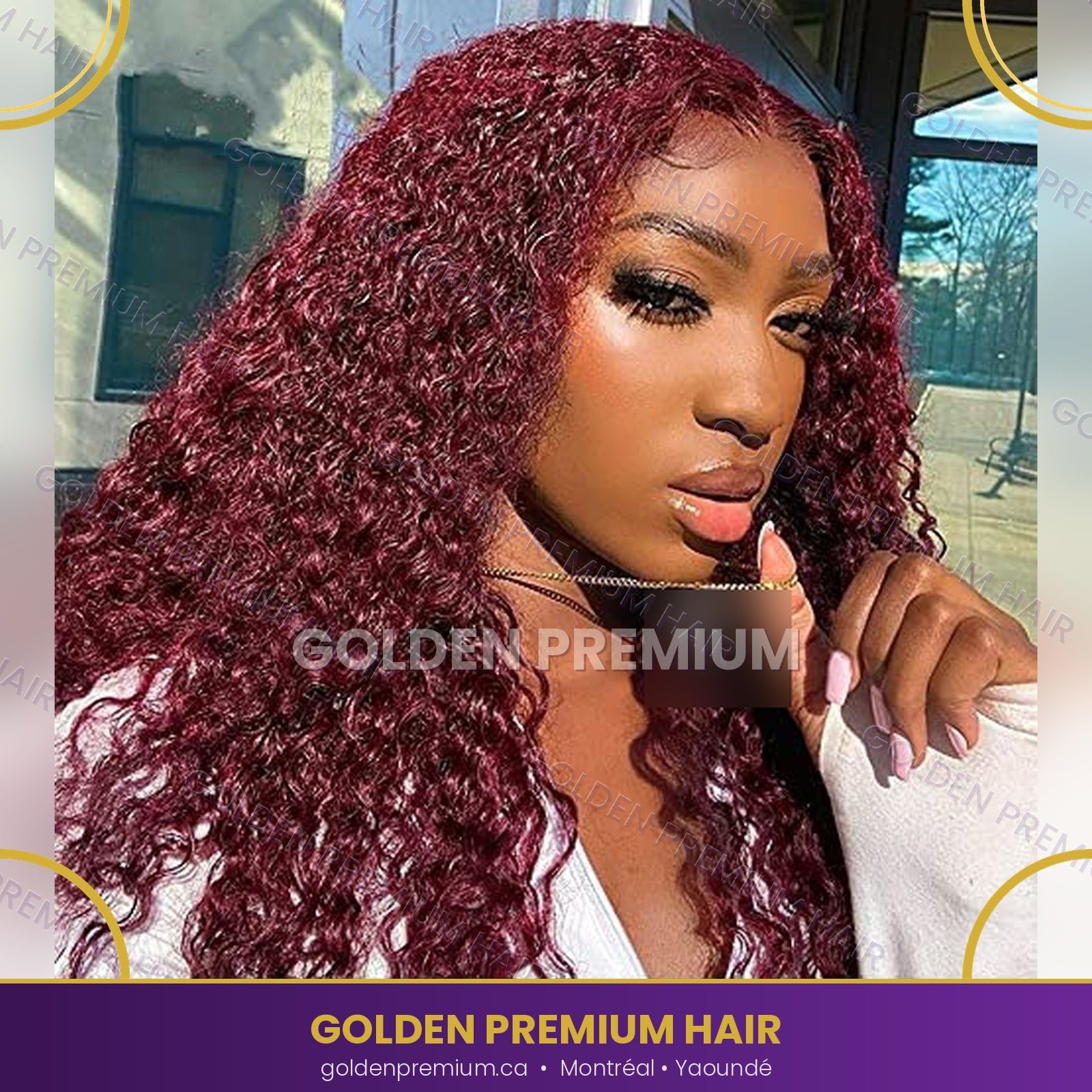 golden premium RubyCoil 99J — Burgundy Curly Lace Front Wig