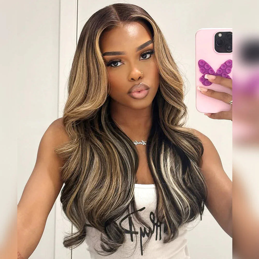 Golden Premium LumièreFlow™ 13×6 HD Lace Glueless Wig | Ombre Platinum Blonde Balayage | Body Wave | Drawstring | 100% Indian Virgin Hum