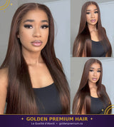 Perruque droite sans colle Golden Premium LuxeFlow 13x6 marron chocolat – Ajustement à cordon de serrage | 100 % cheveux naturels