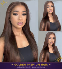Perruque droite sans colle Golden Premium LuxeFlow 13x6 marron chocolat – Ajustement à cordon de serrage | 100 % cheveux naturels