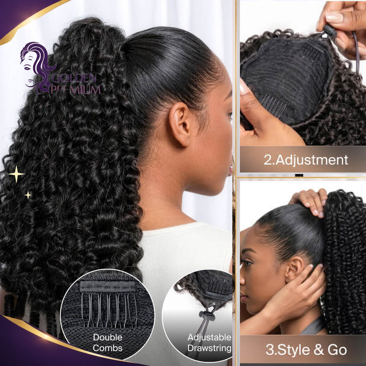Golden Premium 250% Super Dense Burmese Curly Ponytail – Finger Coil Ends | 100% Human Hair Extension | Invisible Drawstring Band