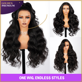 Golden PH Three-Go™ 13x6 Glueless Body Wave Human Hair Wig | Natural Black, No Glue Needed, Adjustable Drawstring, Lace Front