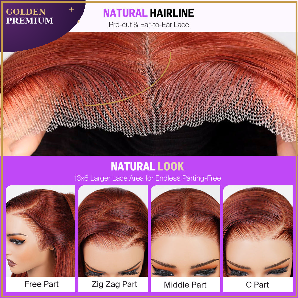 Goldenpremium Hair 13x6 Three-Go™ Glueless Silky body wave  Wig – Reddish Brown 100% Human Hair Lace Front Wig with Drawstring, Pre-Plucked HD Lace, Effortless Install