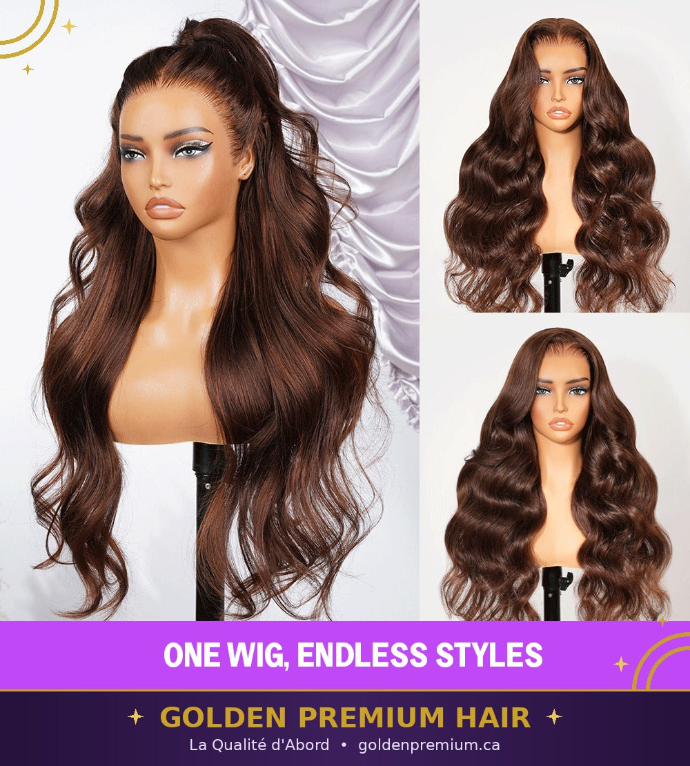 Perruque droite sans colle Golden Premium LuxeFlow 13x6 marron chocolat – Ajustement à cordon de serrage | 100 % cheveux naturels