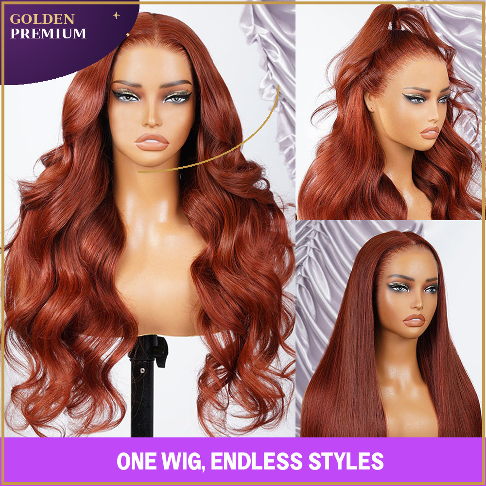 Goldenpremium Hair 13x6 Three-Go™ Glueless Silky body wave  Wig – Reddish Brown 100% Human Hair Lace Front Wig with Drawstring, Pre-Plucked HD Lace, Effortless Install