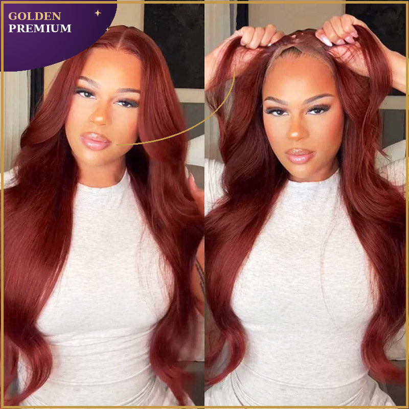 Goldenpremium Hair 13x6 Three-Go™ Glueless Silky body wave  Wig – Reddish Brown 100% Human Hair Lace Front Wig with Drawstring, Pre-Plucked HD Lace, Effortless Install