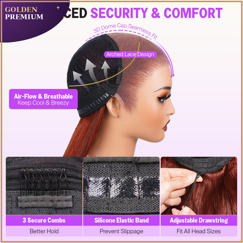Goldenpremium Hair 13x6 Three-Go™ Glueless Silky body wave  Wig – Reddish Brown 100% Human Hair Lace Front Wig with Drawstring, Pre-Plucked HD Lace, Effortless Install
