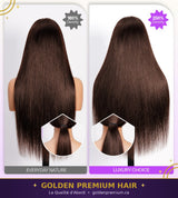 Perruque droite sans colle Golden Premium LuxeFlow 13x6 marron chocolat – Ajustement à cordon de serrage | 100 % cheveux naturels