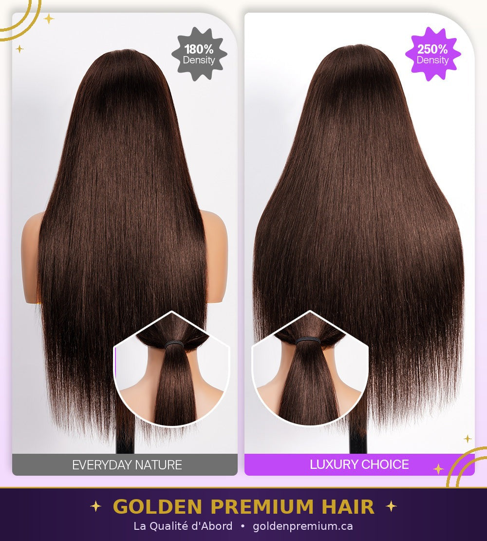 Perruque droite sans colle Golden Premium LuxeFlow 13x6 marron chocolat – Ajustement à cordon de serrage | 100 % cheveux naturels