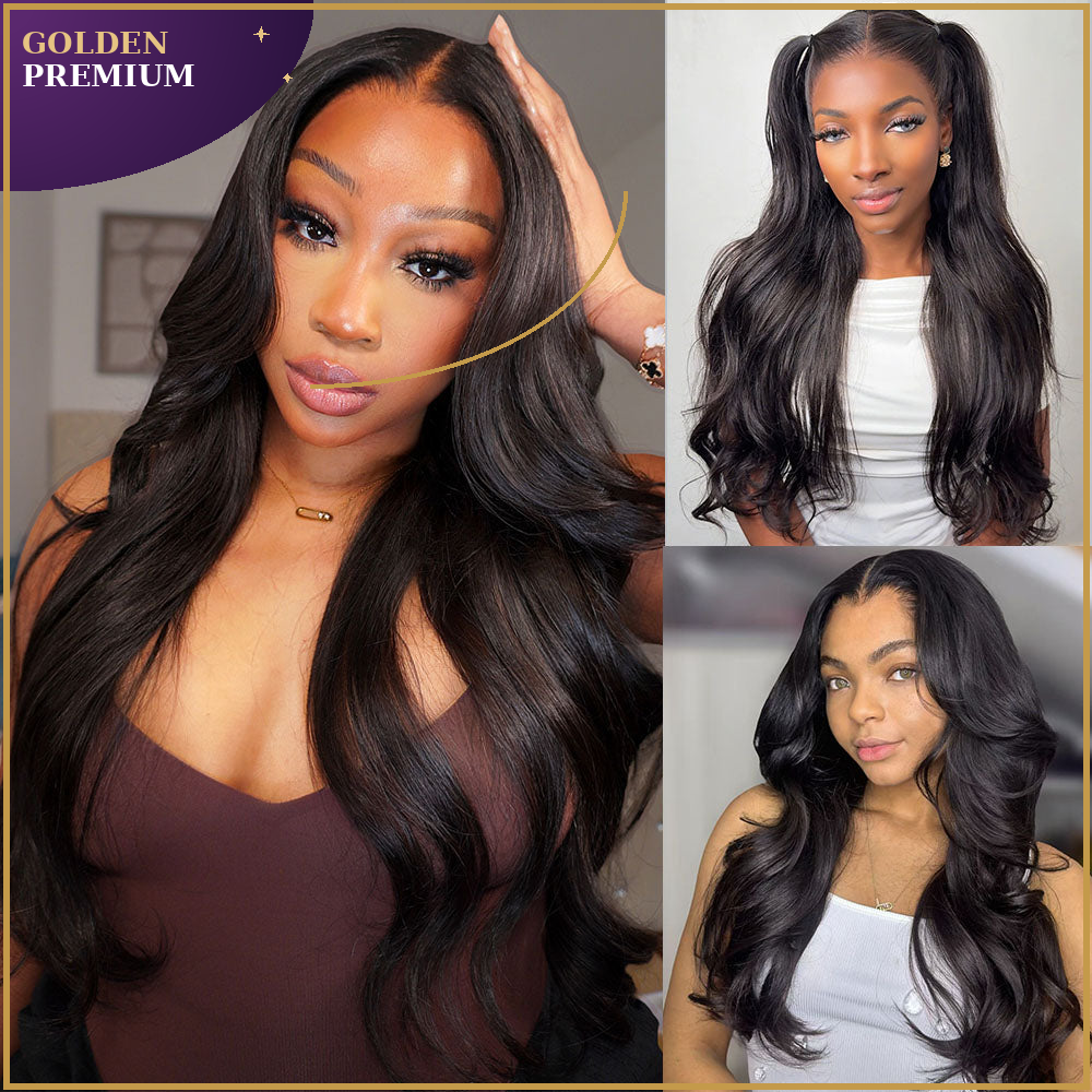 Golden PH Three-Go™ 13x6 Glueless Body Wave Human Hair Wig | Natural Black, No Glue Needed, Adjustable Drawstring, Lace Front