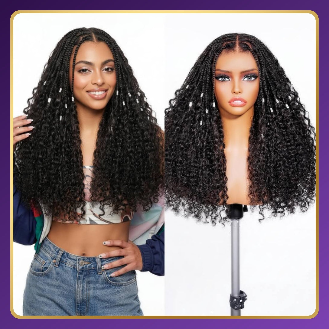 Golden Premium BraidLuxe™ 13×6 HD Lace Glueless Boho Braids Wig | Deep Curly | 250% Density | Drawstring | 100% Human Hair