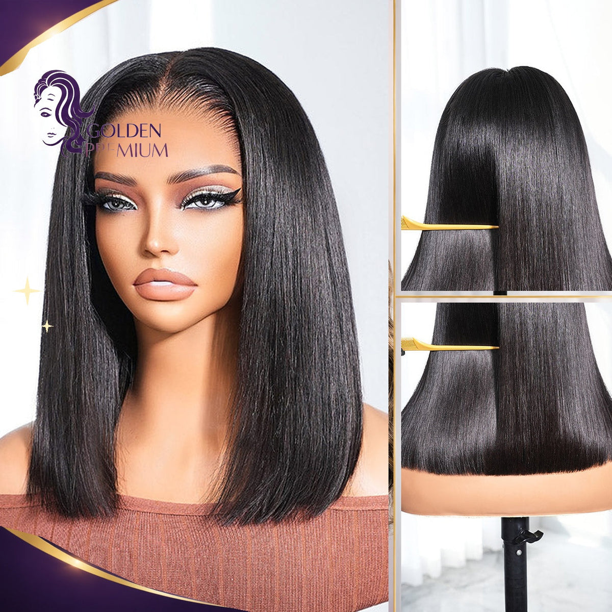 Golden Premium CrownFit™ 13×6 Straight Bob Wig | 250% Density | Transparent Lace | Natural Black