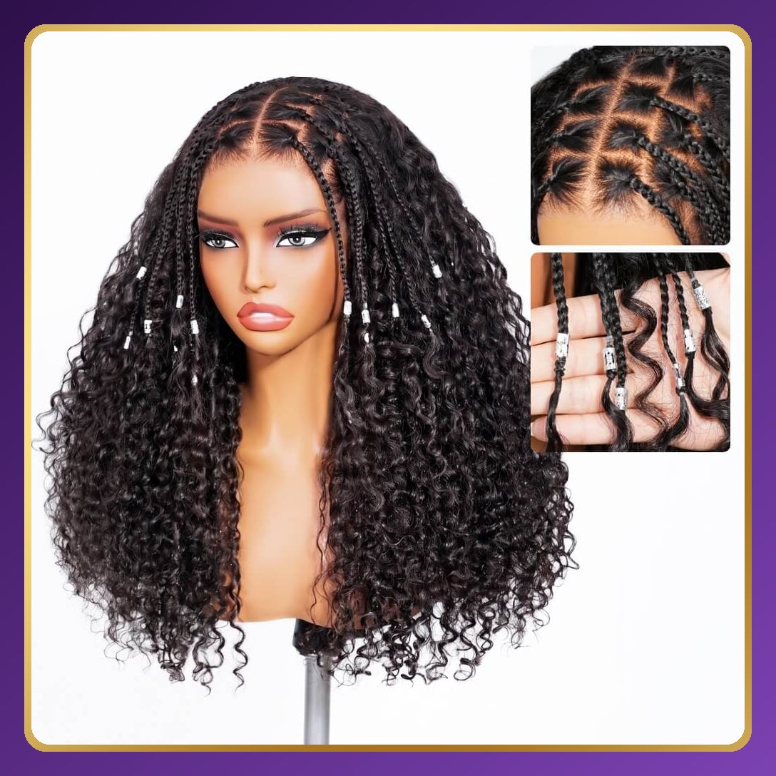 Golden Premium BraidLuxe™ 13×6 HD Lace Glueless Boho Braids Wig | Deep Curly | 250% Density | Drawstring | 100% Human Hair