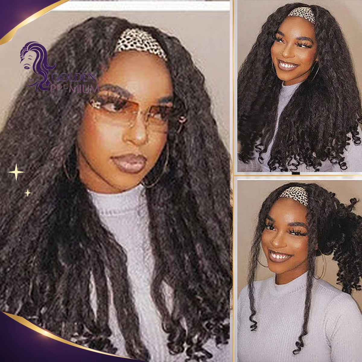 Perruque bandeau Golden Premium CrownFit™ Kinky Yaki | Cheveux 100 % humains indiens | Noir naturel