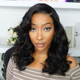 Golden Premium Signature 13x6 Transparent Lace Body Wave Bob Glueless Wig – 160% Density | Invisible Knots | Natural Black