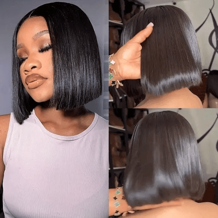Perruque Bob Lisse Coupe Franche 2x6 Pouces avec Raie Profonde Cheveux Naturels du Vietnam Densité 220%